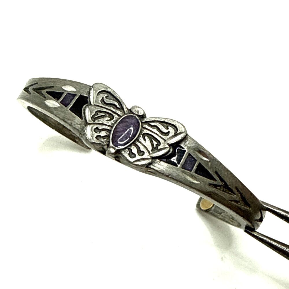 Vintage SISK Pewter Cuff Bracelet Enamel Butterfly Design Purple Center 7.5"